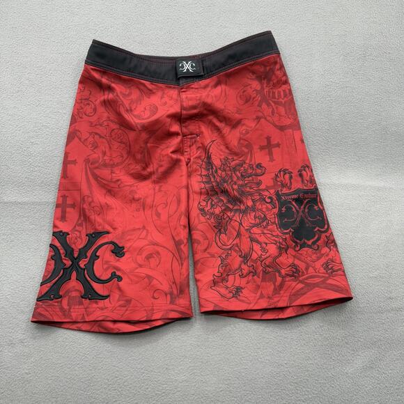 Xtreme Couture Shorts Mens 32 Red Black Boardshorts Surf Gothic Lion XC Cross - Picture 1 of 10